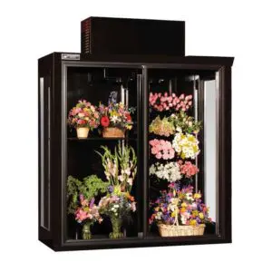 Exterior view of a top-mount sliding door floral refrigerator