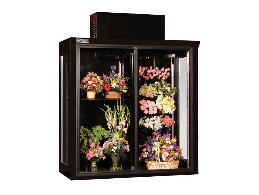 Exterior image of a top-mount sliding door commercial floral cooler