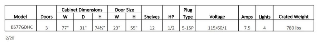 BS77GDHC Sliding Door Refrigerator spec sheet